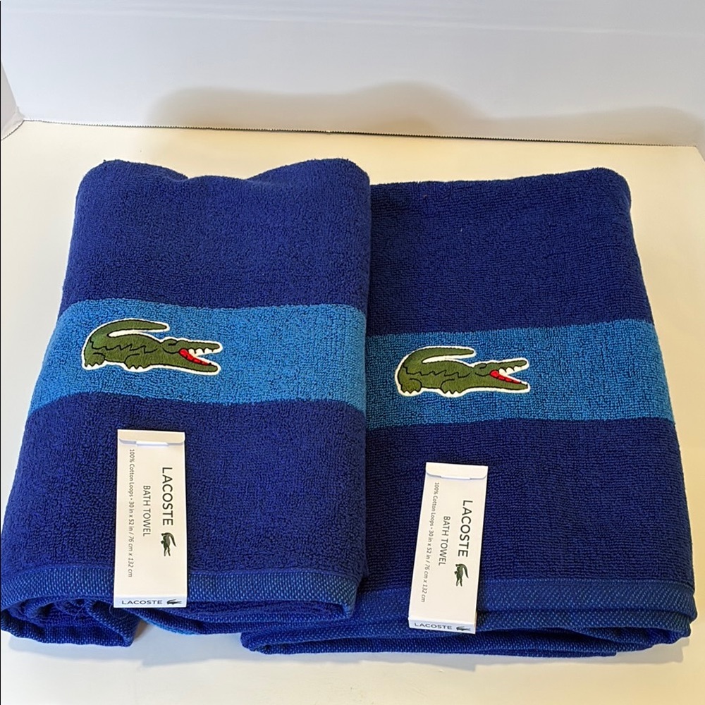 Lacoste Blue Striped Bath Towels/2 with Iconic Crocodile Logo